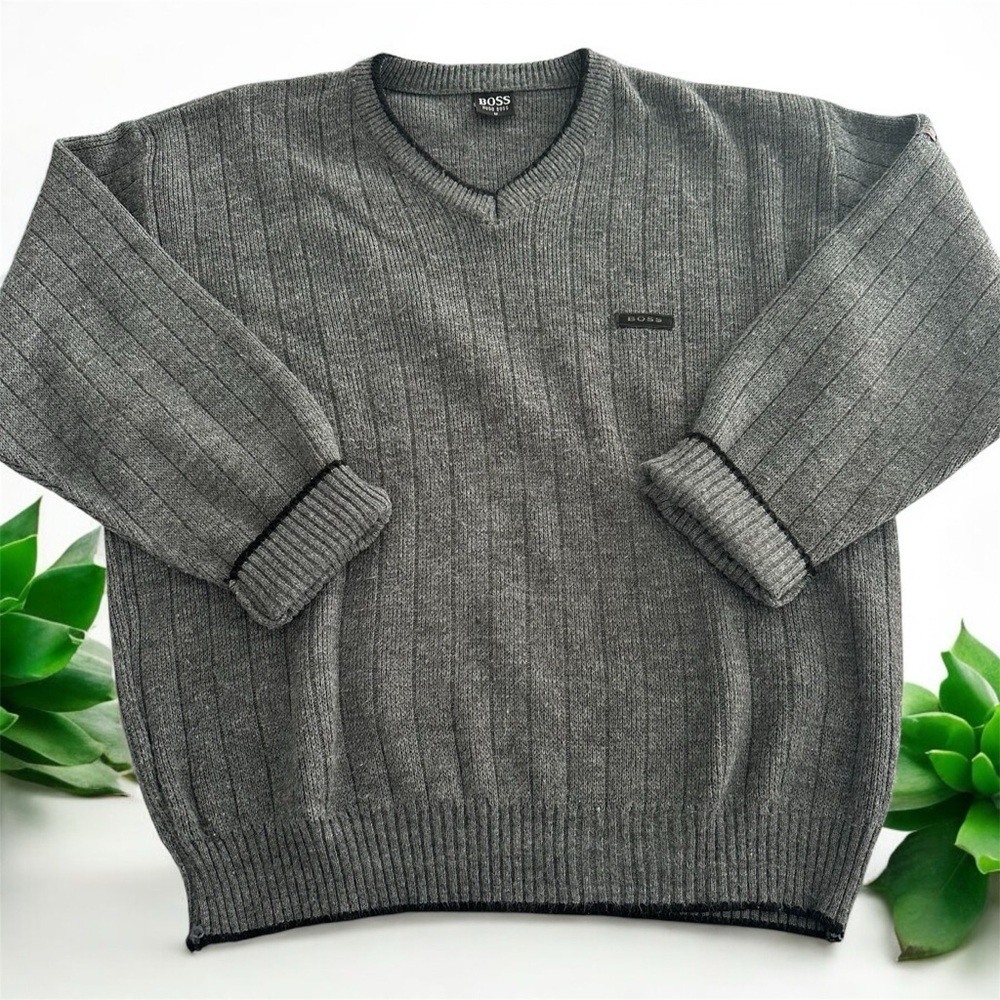 Vintage Hugo Boss Ribbed Cotton Knit Gray Sweater - Picture 2 of 9